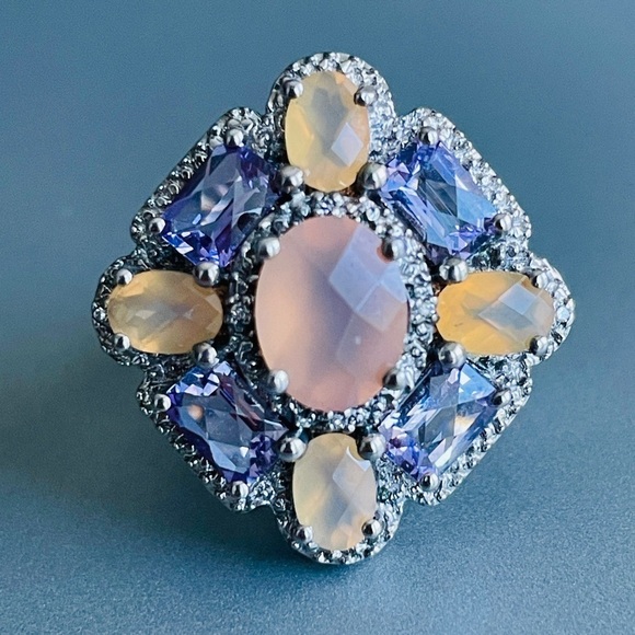 Jewelry - Amethyst, Morganite, Diamond Chips Square Cluster Sterling Silver Cockta…